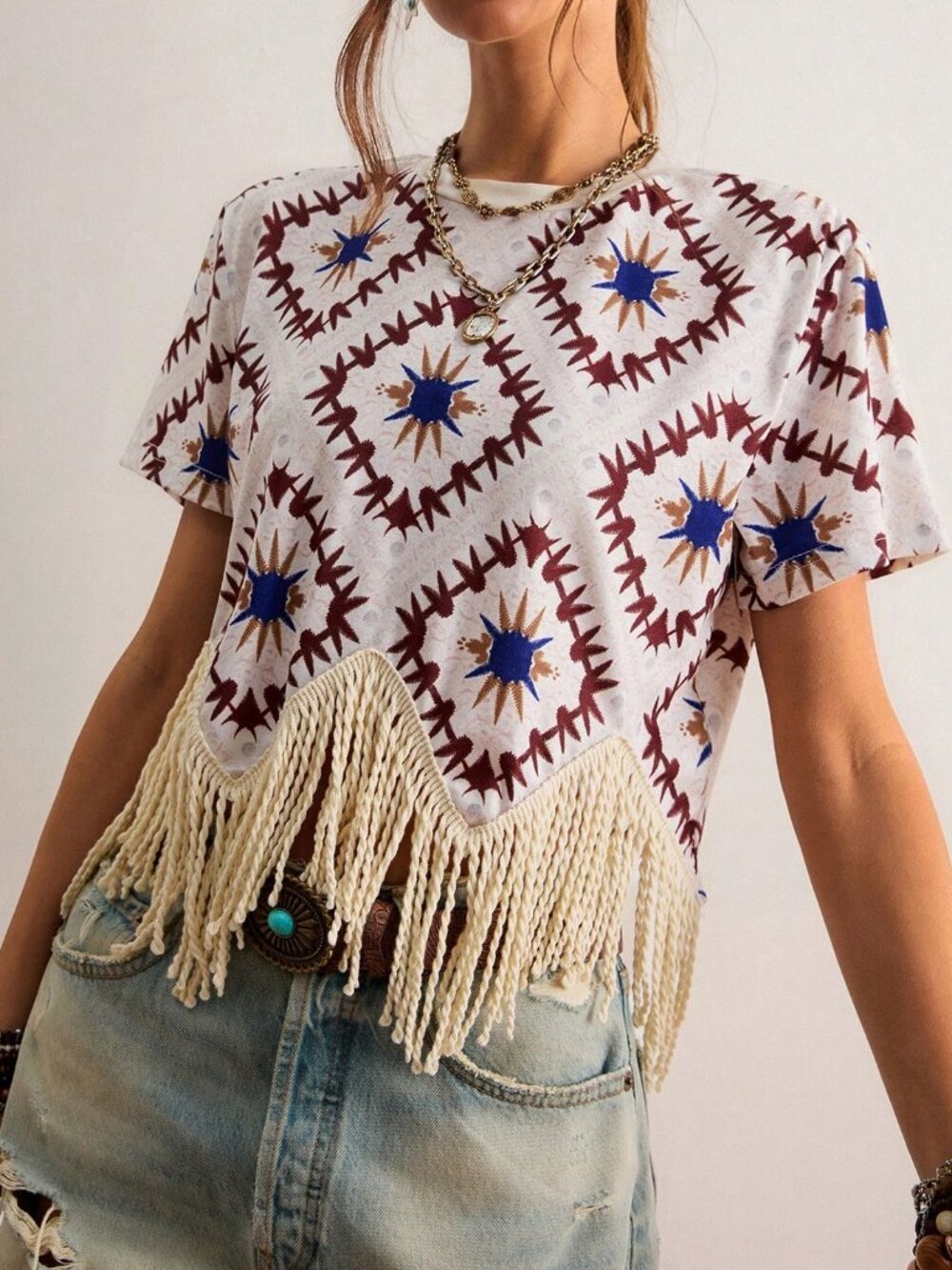 Multicolor Casual Women's Boho Geometric Print Fringe Short Sleeve Tee Top - Picture 3 of 5